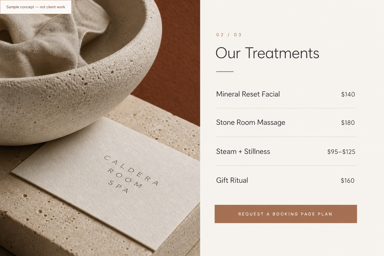 Caldera Room Spa sample service menu concept